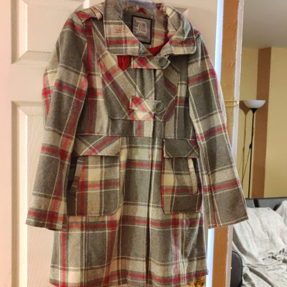 Barely worn- Dollhouse size L, juniors zip up with hood, polyester, wool coat.